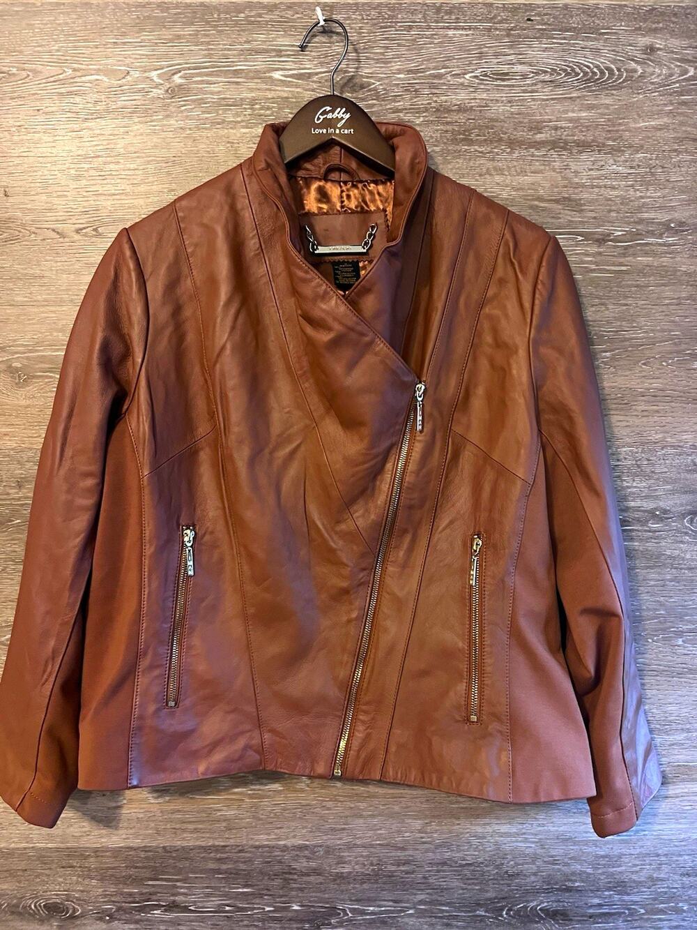 IMAN Womens 1X Brown Genuine Leather Biker Jacket Zip Lined Long Sleeve
